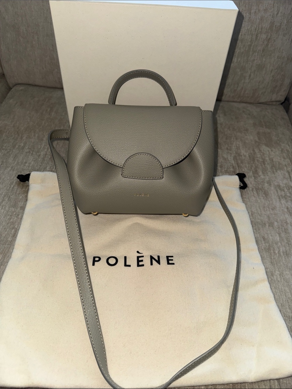 Polène Taupe Leather Mini Satchel with Top Handle